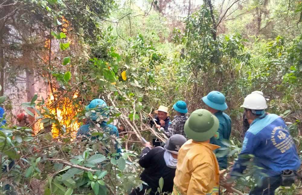 Luc luong chuc nang tham gia chua chay rung tai xa Nghi Tien (Nghi Loc, Nghe An). Anh: Hai Dang