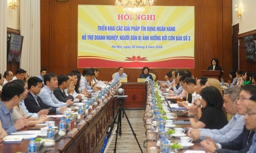 Hội nghị triển khai các giải pháp tín dụng, ngân hàng hỗ trợ người dân bị ảnh hưởng bởi cơn bão số 3. Ảnh: NHNN