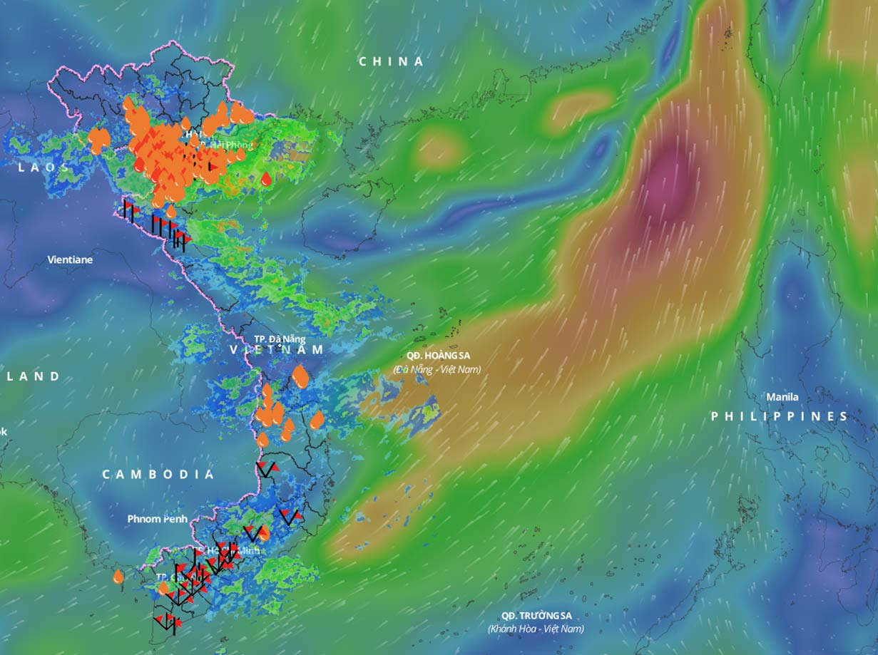 Vùng áp thấp gây thời tiết nguy hiểm trên biển. Trên đây là cập nhật lớp hướng gió vào hồi 12 giờ ngày 22.9. Ảnh: Hệ thống giám sát thiên tai Việt Nam