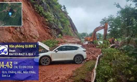Khu vực xảy ra sạt lở khiến giao thông trên Quốc lộ 6 tê tiệt. Ảnh: Minh Nguyễn