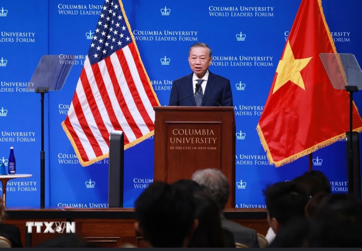 Tổng Bí thư, Chủ tịch nước Tô Lâm phát biểu tại Đại học Columbia. Ảnh: TTXVN