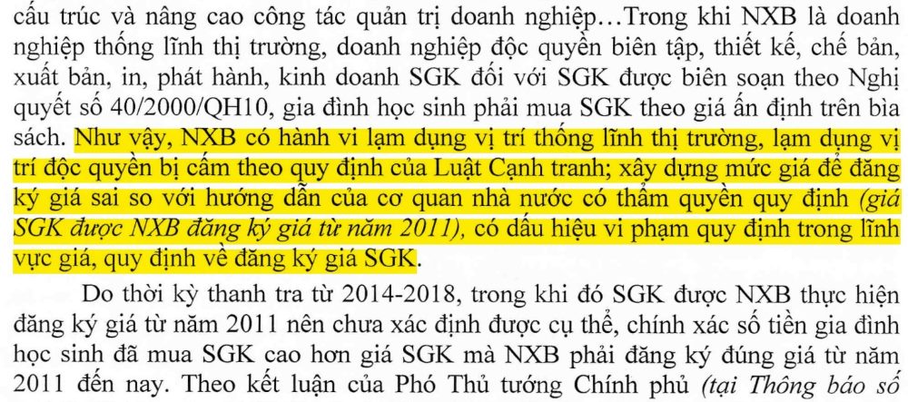 Mot doan noi dung ve sach giao khoa trong ket luan thanh tra cua Thanh tra Chinh phu. Anh chup tai lieu