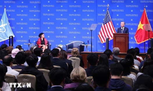 Tổng Bí thư, Chủ tịch nước Tô Lâm phát biểu chính sách tại Đại học Columbia. Ảnh: TTXVN