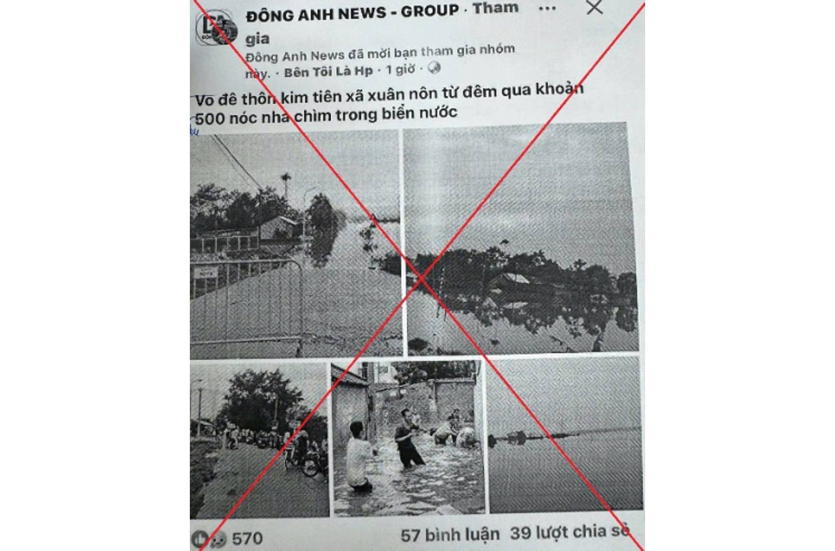 Thông tin sai sự thật về tình hình mưa lũ tại Hà Nội trên hội nhóm "Đông Anh News". Ảnh: Công an TP Hà Nội