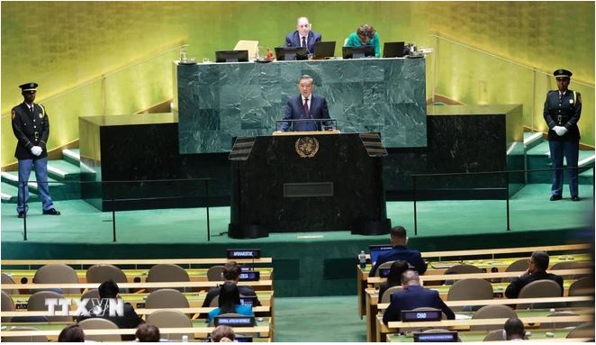 Tổng Bí thư, Chủ tịch nước Tô Lâm phát biểu tại phiên thảo luận chung cấp cao Đại hội đồng Liên Hợp Quốc ngày 24.9. Ảnh: TTXVN