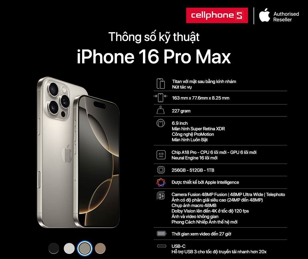 Thong so ky thuat noi bat cua iPhone 16 Pro Max giup phien ban nay duoc san don nhieu nhat tai Viet Nam. Anh: CellphoneS