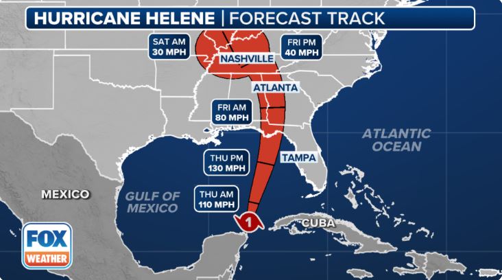 Dự báo đường đi của bão Helene. Ảnh: Fox Weather