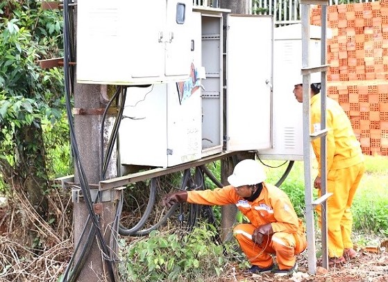 Electricity workers inspect the scene and fix the problem after thieves cut copper wires at the transformer station. Photo: Thanh Tuan