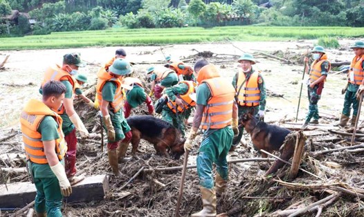 Bộ đội Biên phòng và chó nghiệp vụ tìm kiếm nạn nhân tại Làng Nủ, Lào Cai. Ảnh: VGP