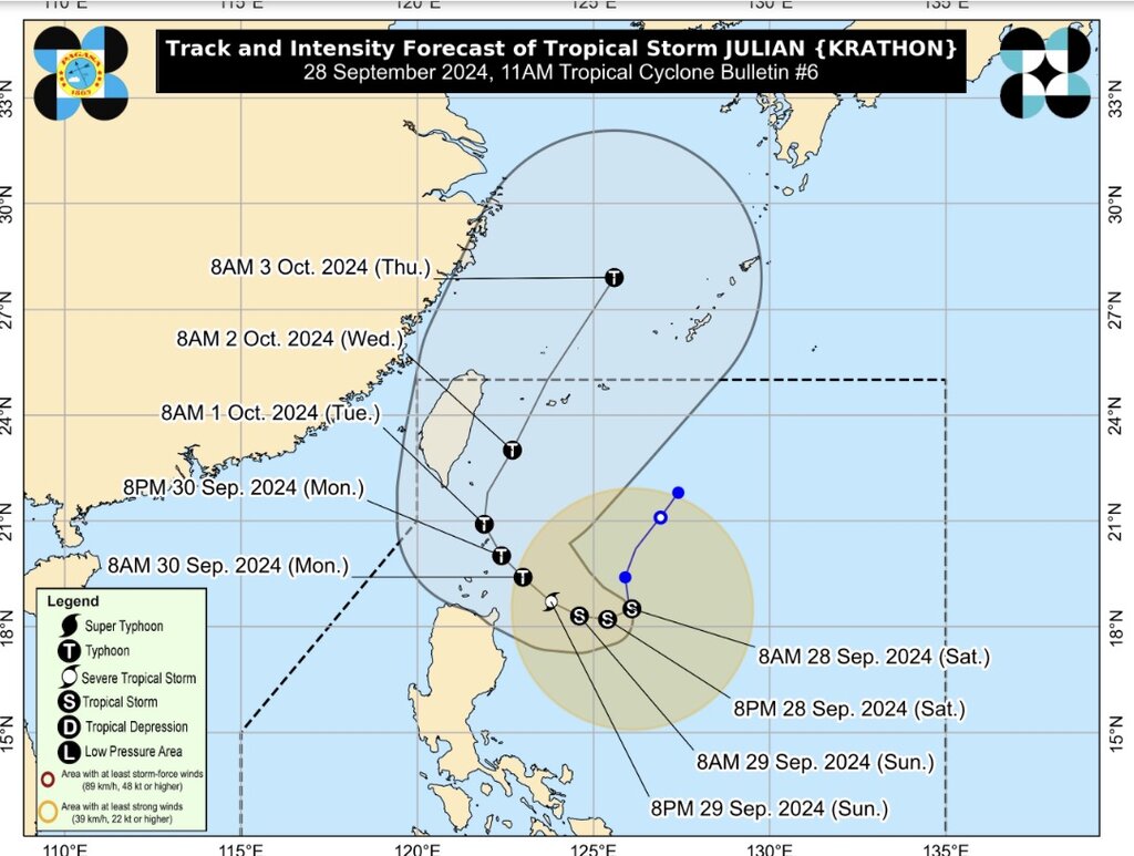 Dự báo bão Julian ở gần quần đảo Batanes và/hoặc Babuyan, Philippines nhất khi đạt cấp siêu bão. Ảnh: PAGASA