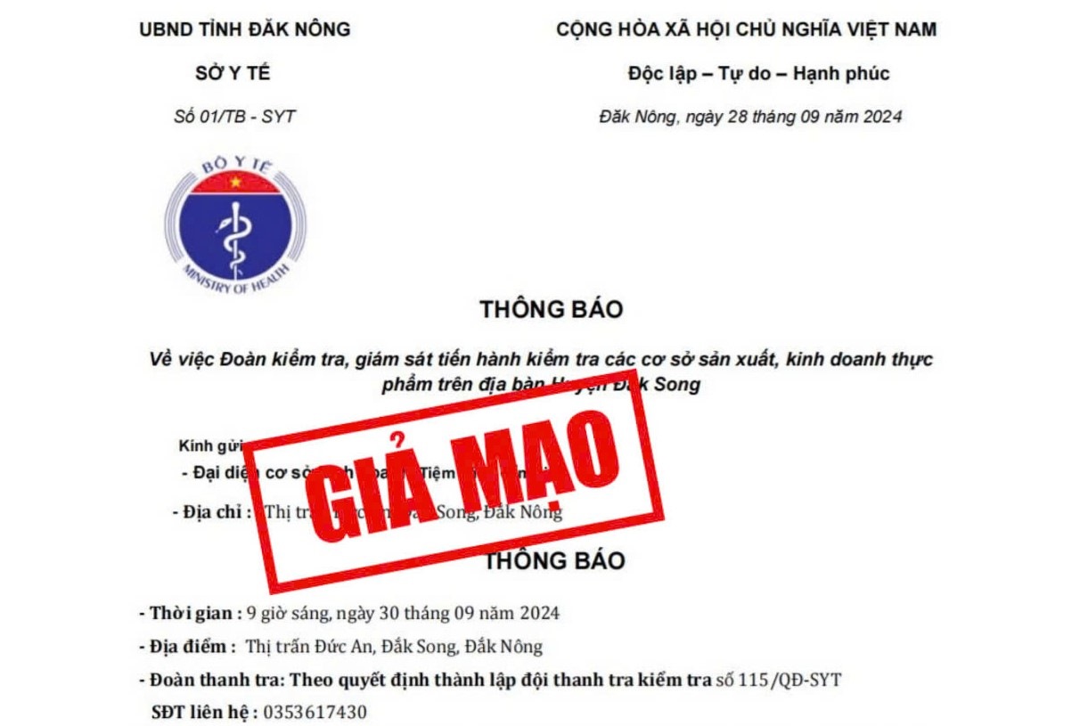 Văn bản giả mạo Sở Y tế Đắk Nông. Ảnh: UBND tỉnh Đắk Nông