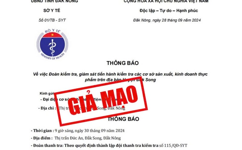 Fake document of Dak Nong Department of Health. Photo: Dak Nong Provincial People's Committee