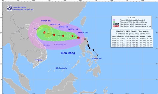 Dự báo diễn biến bão số 3. Ảnh: Trung tâm Dự báo khí tượng thủy văn Quốc gia phát lúc 11h ngày 3.9.2024