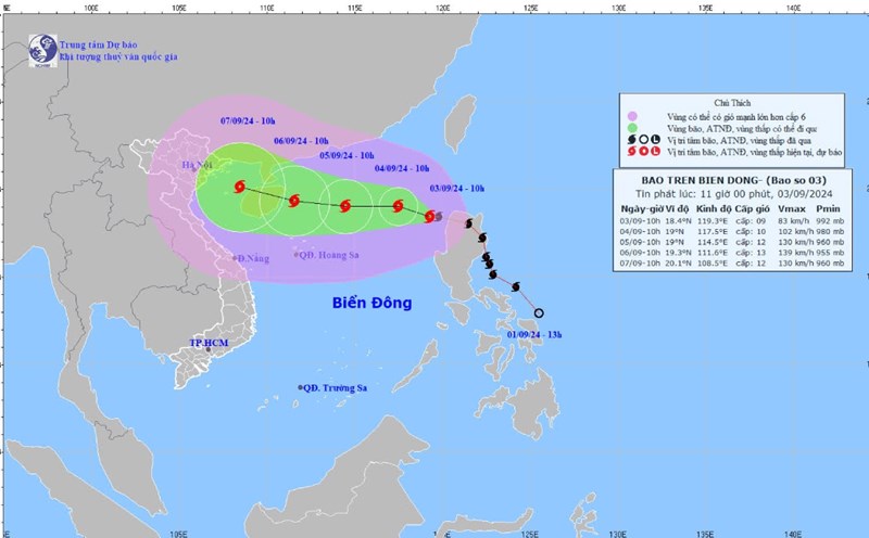 Dự báo diễn biến bão số 3. Ảnh: Trung tâm Dự báo khí tượng thủy văn Quốc gia phát lúc 11h ngày 3.9.2024