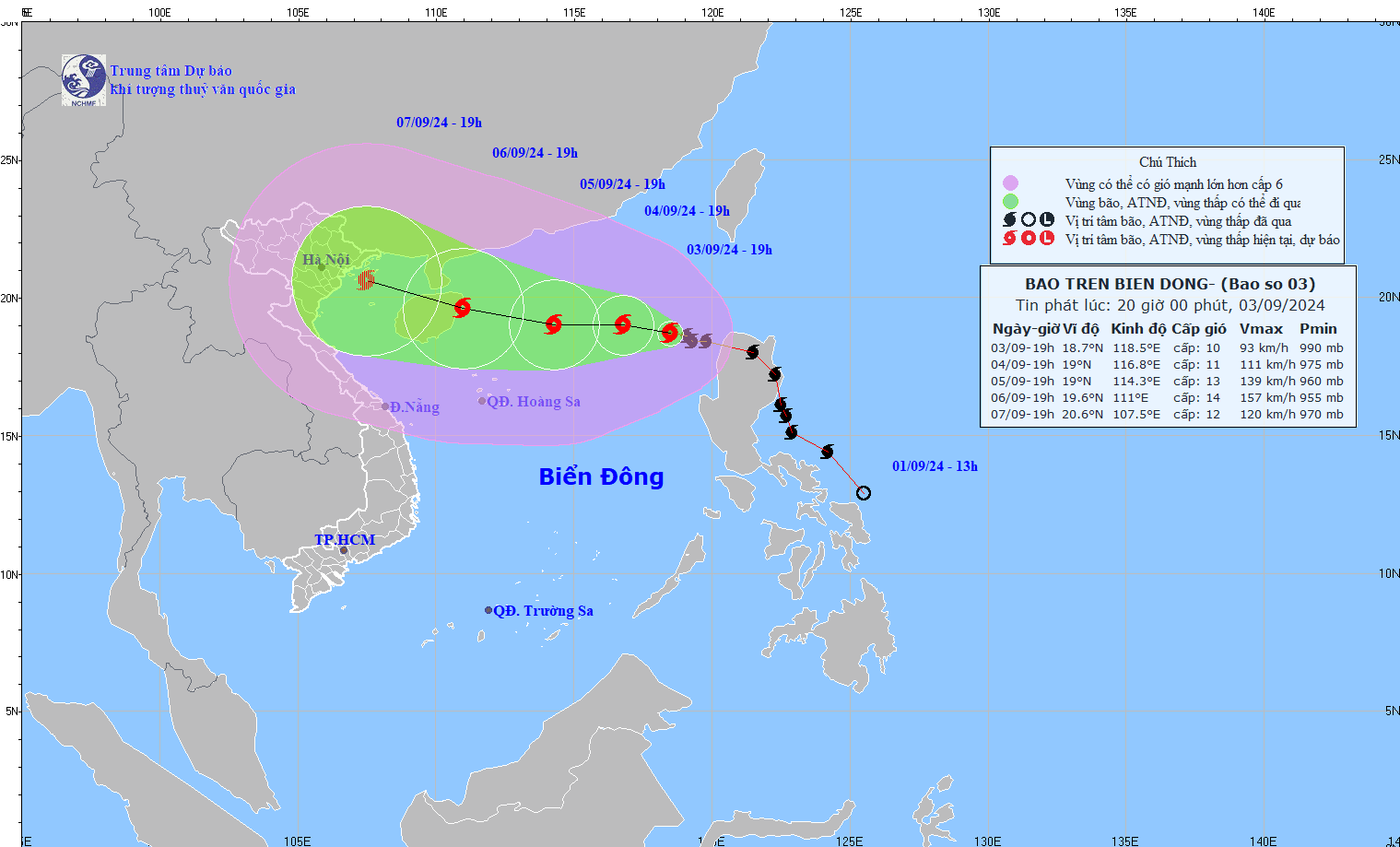 Forecast of the path of storm Yagi, according to the 8pm news on September 3. Photo: National Center for Hydro-Meteorological Forecasting