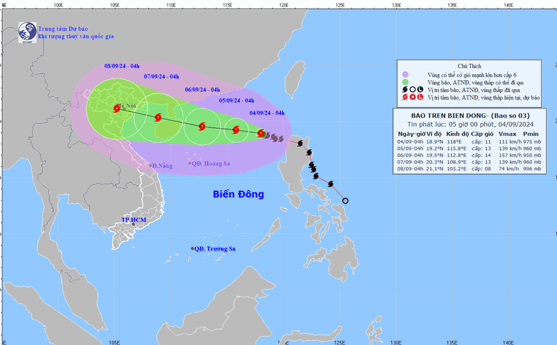 Dự báo đường đi của bão số 3 Yagi. Ảnh: Trung tâm Dự báo Khí tượng Thủy văn Quốc gia Việt Nam