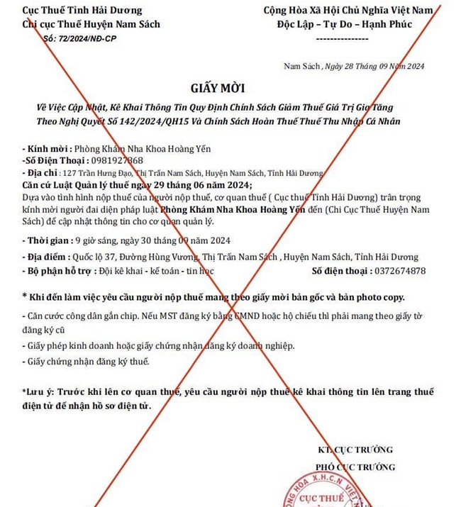 Cục Thuế tỉnh Hải Dương cảnh báo tình trạng làm giả giấy mời của cơ quan thuế nhằm lừa đảo. Ảnh: Cục Thuế Hải Dương
