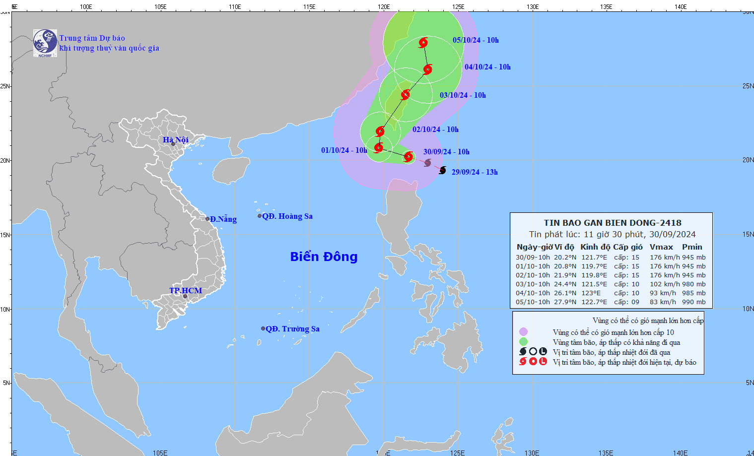 Cap nhat vi tri va duong di cua bao Krathon vao 11 gio ngay 30.9. Anh: Trung tam Du bao Khi tuong Thuy van Quoc gia