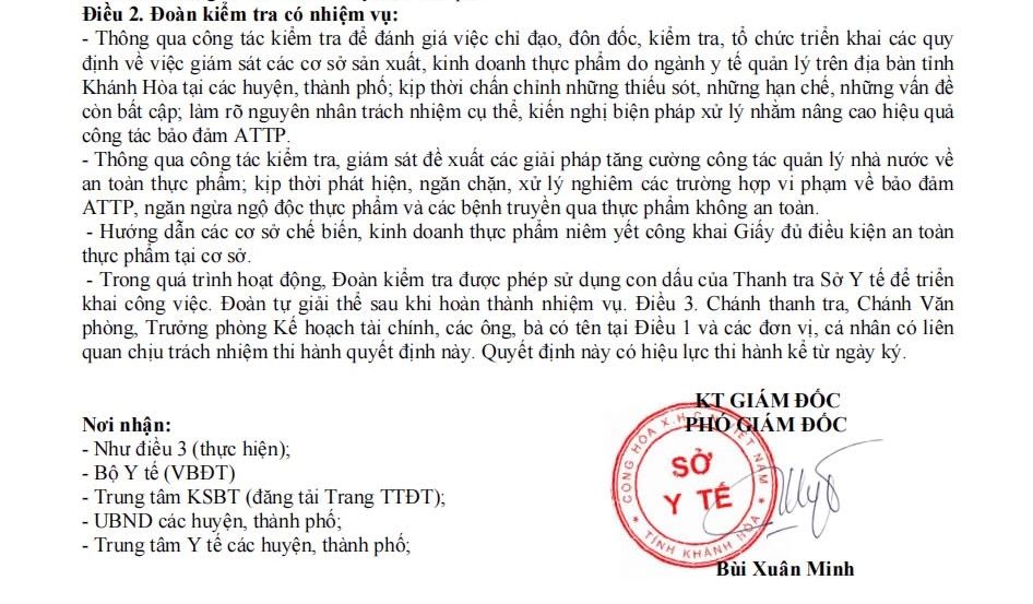 Văn bản giả mạo đóng dấu Sở Y tế Khánh Hòa tuy nhiên chữ ký và tên người ký đều không đúng. Ảnh: Sở Y tế tỉnh Khánh Hòa cung cấp