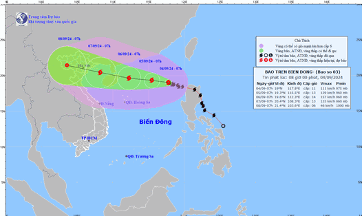 Cập nhật vị trí và đường đi bão số 3 lúc 8 giờ ngày 4.9. Ảnh: Trung tâm Dự báo Khí tượng Thủy văn Quốc gia