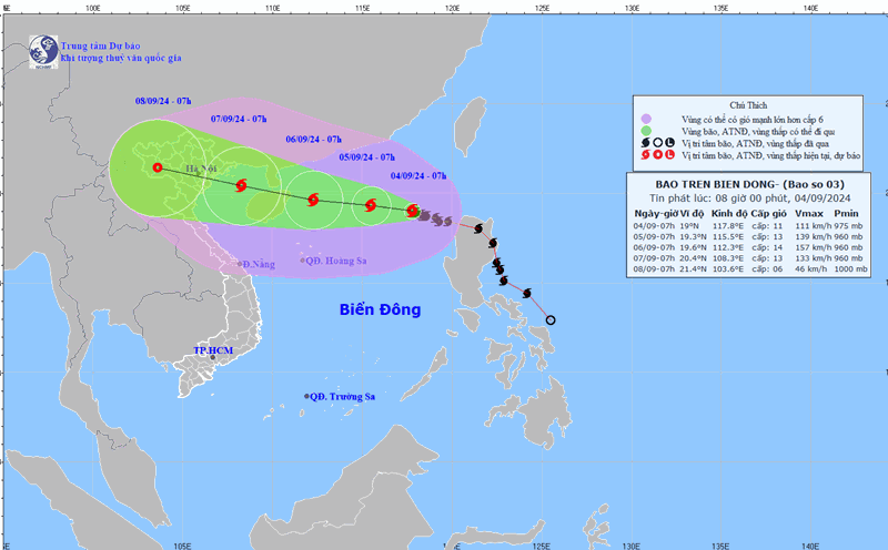 Cập nhật vị trí và đường đi bão số 3 lúc 8 giờ ngày 4.9. Ảnh: Trung tâm Dự báo Khí tượng Thủy văn Quốc gia