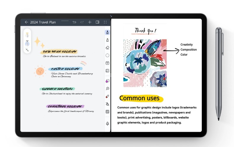 Bút cảm ứng M-Pen lite dễ sử dụng, không cần kết nối Bluetooth và Huawei Notes mạnh mẽ để định hình và tinh chỉnh ý tưởng của bạn. Ảnh: Huawei