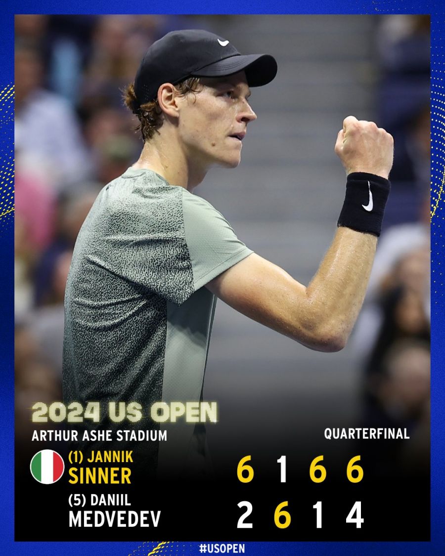 Sinner rút ngắn tỉ số đối đầu với Medvedev xuống còn 6-7. Ảnh: US Open