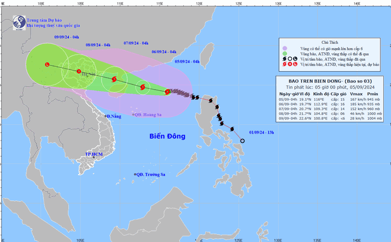 Dự báo đường đi của bão số 3 Yagi. Ảnh: Trung tâm Dự báo Khí tượng Thủy văn Quốc gia Việt Nam
