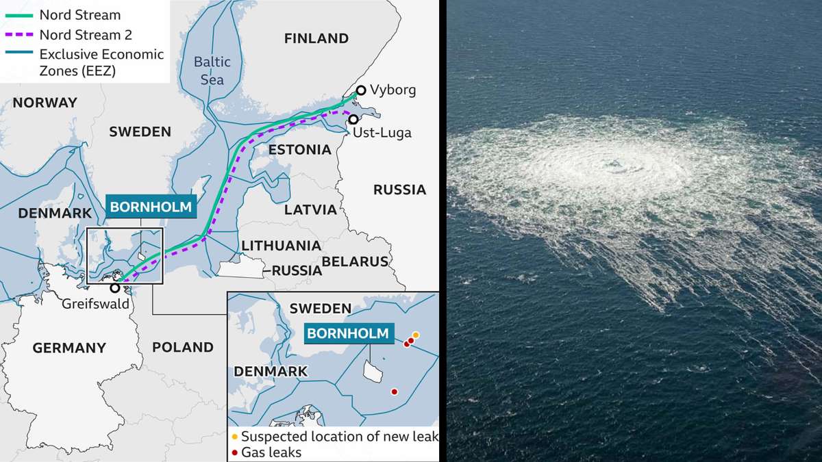 Rò rỉ khí đốt từ đường ống Nord Stream (phải) sau vụ nổ, ngày 26.9.2022. Ảnh chụp màn hình