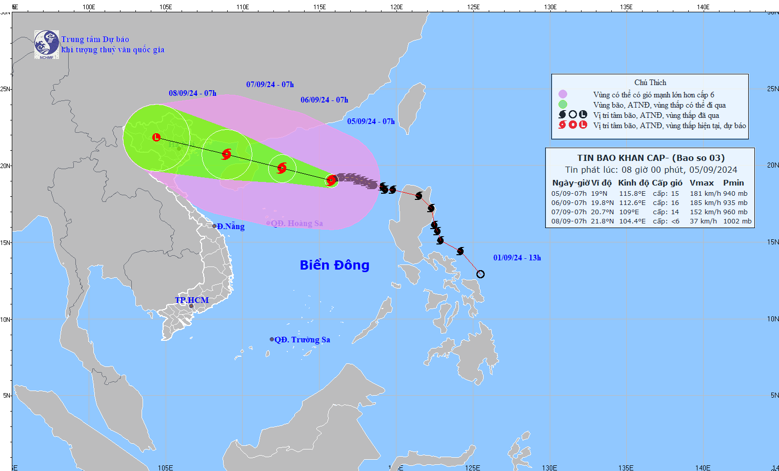 Forecast of the path of storm No. 3 Yagi on the morning of September 5. Photo: National Center for Hydro-Meteorological Forecasting
