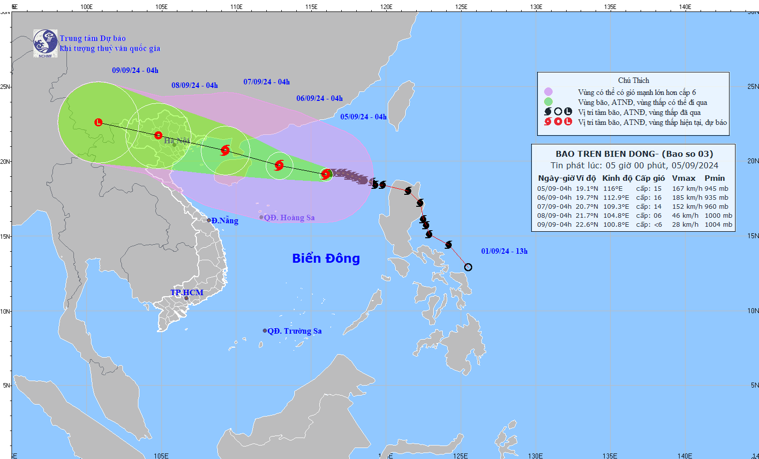 Forecast of the path of storm No. 3 Yagi in the early morning of September 5. Photo: National Center for Hydro-Meteorological Forecasting.