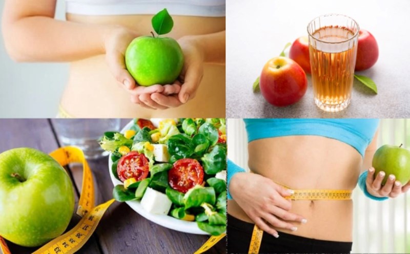 Top 10+ Loại Trái Cây Đẹp Da Giảm Cân Hiệu Quả Nhất Cho Sức Khỏe 4 Người cầm táo xanh, nước ép táo, đĩa salad, thước dây đo vòng eo, biểu tượng chế độ ăn uống lành mạnh.