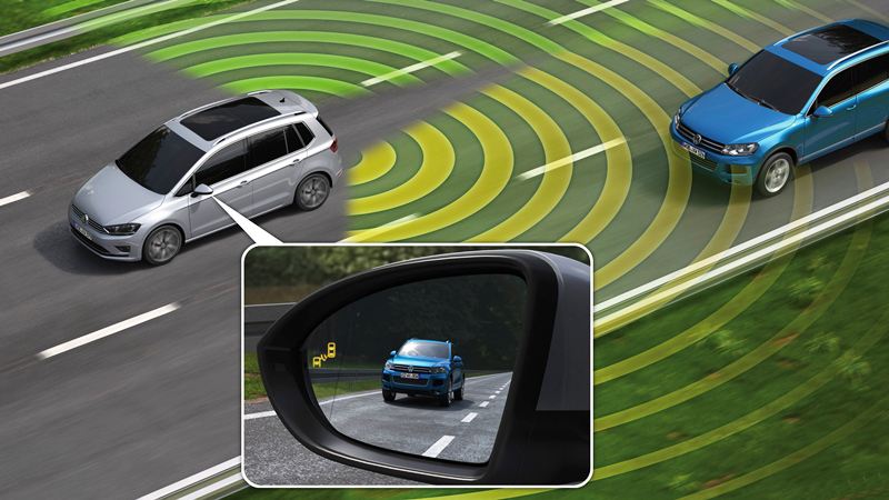 Blind spot warning device is a radar sensor system mounted on the rear bumper of the car.