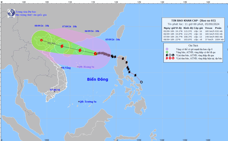 Dự báo đường đi của bão số 3. Ảnh: Trung tâm Dự báo Khí tượng Thủy văn Quốc gia Việt Nam