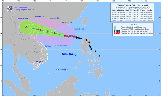 Vị trí và đường đi bão số 3 cập nhật lúc 17 giờ ngày 5.9. Ảnh: Trung tâm Dự báo Khí tượng Thủy văn Quốc gia