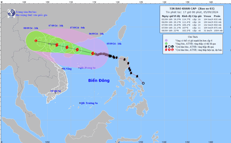 Vị trí và đường đi bão số 3 cập nhật lúc 17 giờ ngày 5.9. Ảnh: Trung tâm Dự báo Khí tượng Thủy văn Quốc gia