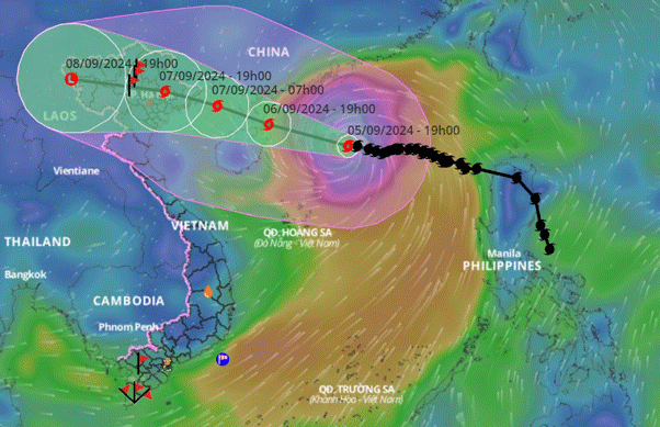 Cập nhật vị trí và đường đi của bão số 3 lúc 21 giờ ngày 5.9. Ảnh: Hệ thống giám sát thiên tai Việt Nam