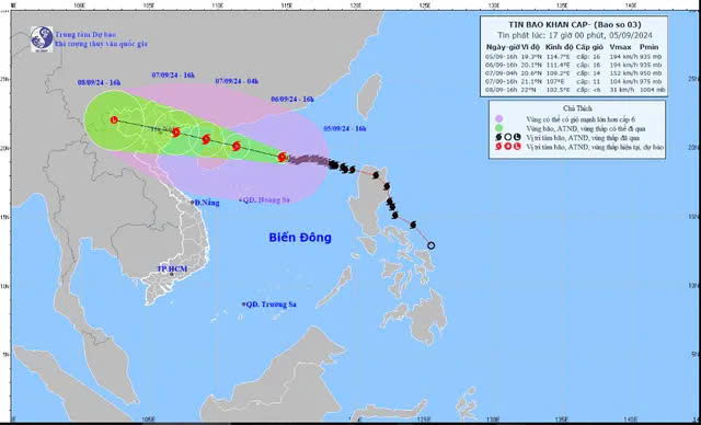 Diễn biến cơn bão số 3 khi tiến vào đất liền Việt Nam. Ảnh: Trung tâm khí tượng thủy văn quốc gia