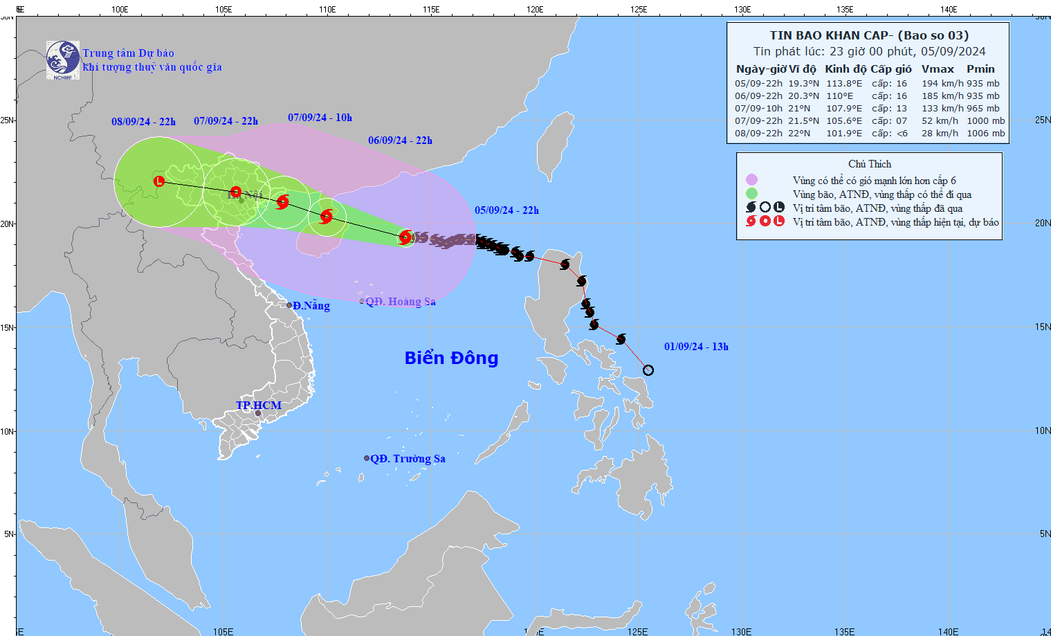 Forecast of the super typhoon's path approaching very close to Vietnam's mainland. Photo: National Center for Hydro-Meteorological Forecasting