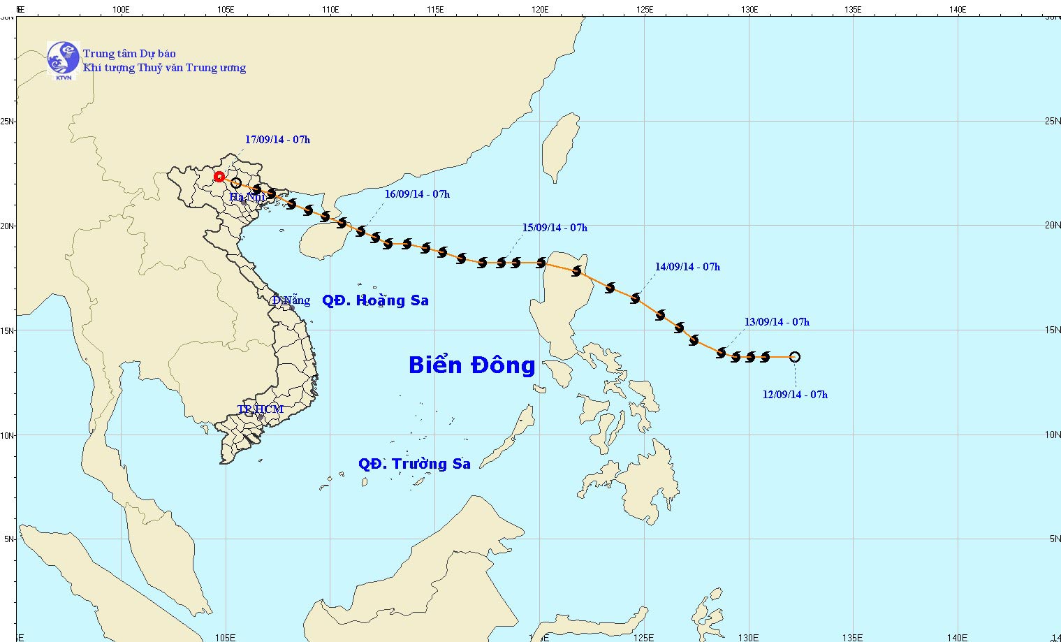 The trajectory of typhoon number 3 Kalmaegi.