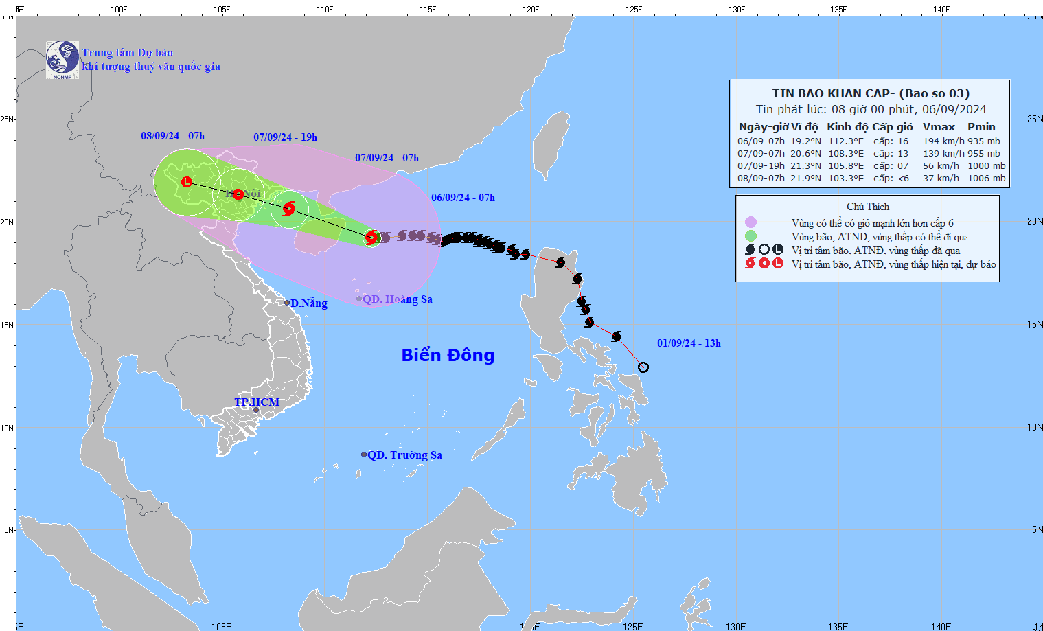 Updated location and path of storm No. 3 at 8:00 a.m. on September 6. Photo: National Center for Hydro-Meteorological Forecasting