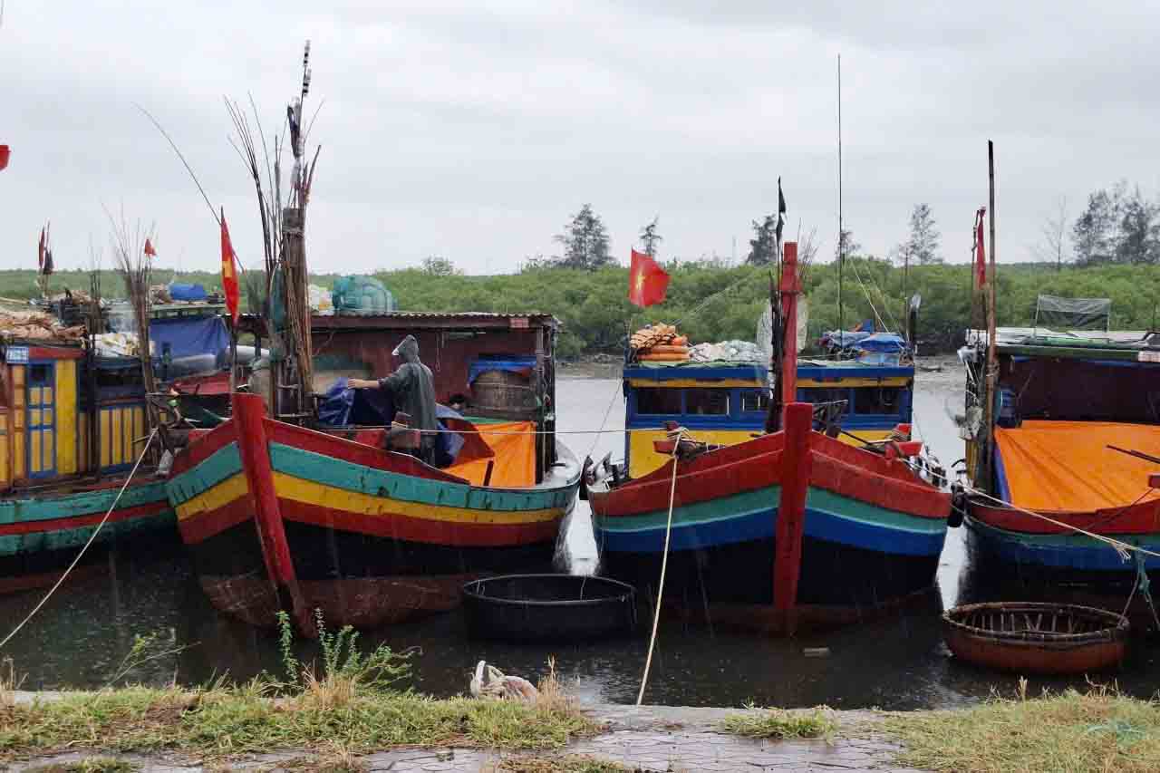 Ngư dân neo tàu, giăng bạt đậy kín tài sản trên tàu. Ảnh: Trần Tuấn.