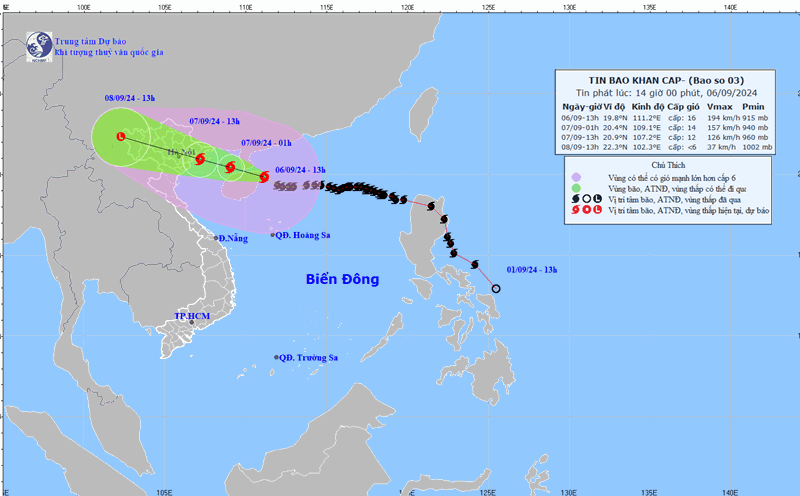 Cập nhật đường đi của bão số 3 hồi 14 giờ ngày 6.9. Nguồn: Trung tâm Dự báo Khí tượng Thủy văn Quốc gia
