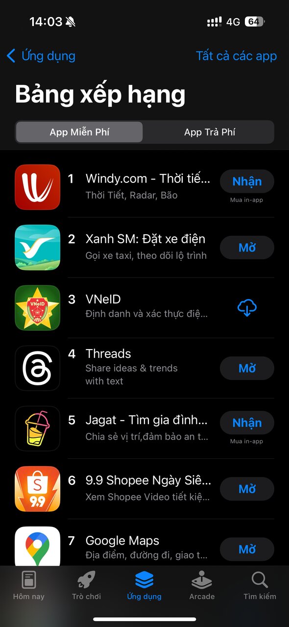 Ứng dụng Windy đứng đầu trong danh sách ứng dụng miễn phí trên App Store Việt Nam. Ảnh: Anh Vũ