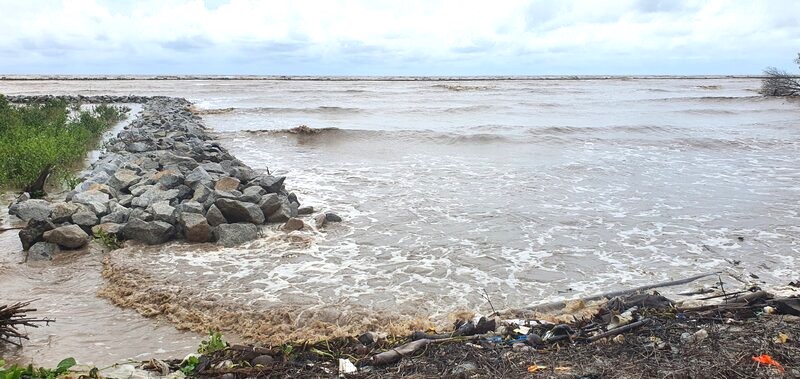 Many sections of the western sea dike of Ca Mau province have suffered serious erosion. Photo: Nhat Ho