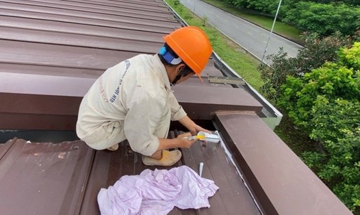 Các doanh nghiệp ở Hải Phòng chằng chống, gia cố nhà xưởng, cho công nhân nghỉ để phòng chống bão số 3. Ảnh: Nguyễn Hương
