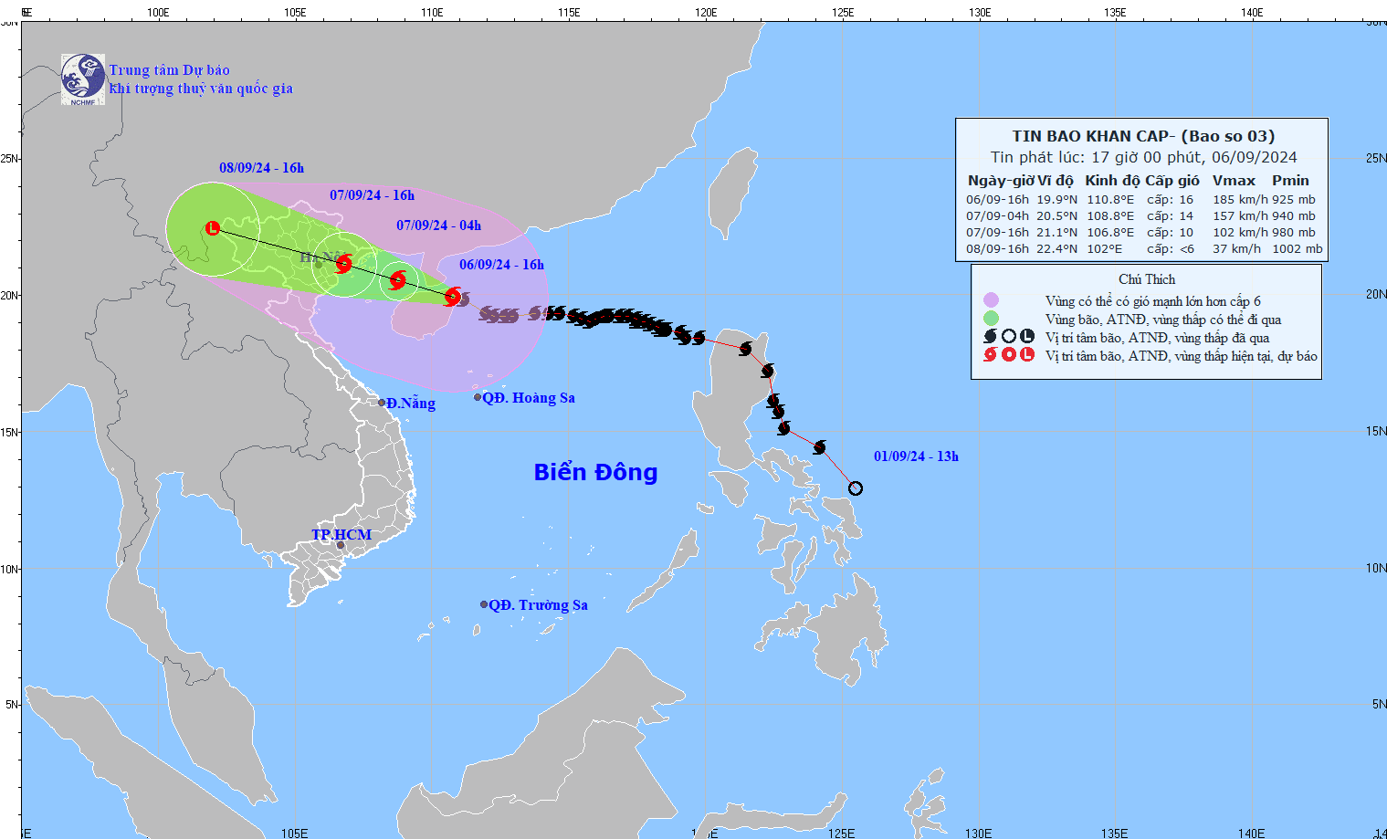 Forecast of the direction of super typhoon Yagi is about 420km from Quang Ninh. Photo: National Center for Hydro-Meteorological Forecasting