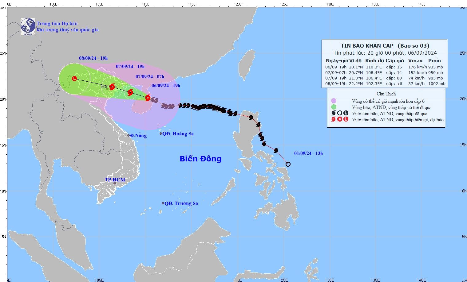 Latest warning graphic on the path of Typhoon Yagi. Photo: National Center for Hydro-Meteorological Forecasting