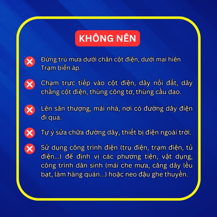 EVNHANOI khuyến cáo những điều không nên làm khi có bão, mưa to gió lớn, ngập úng. Ảnh: EVNHANOI