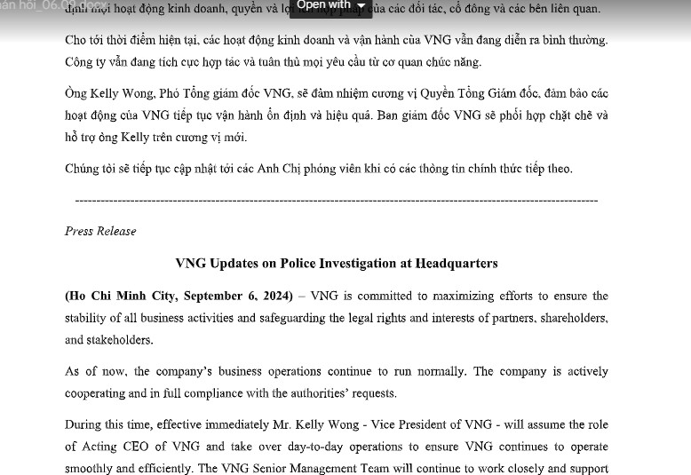 VNG's announcement confirmed that Mr. Kelly Wong has just been appointed as acting General Director. Photo: Screenshot